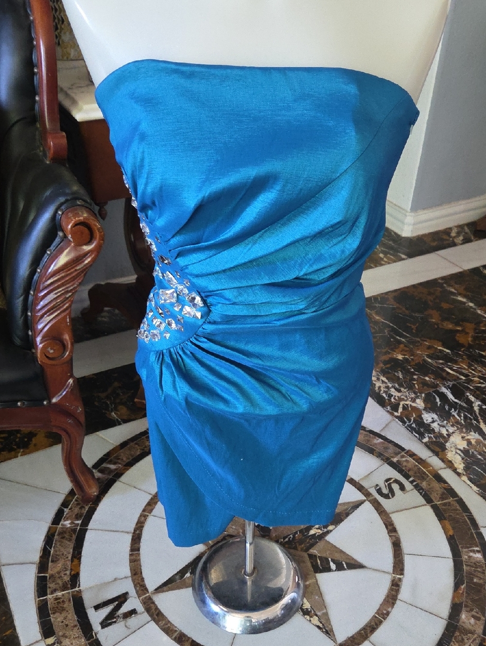 Cache Strapless Teal Blue Ruched Cocktail Dress with Crystal Accent
